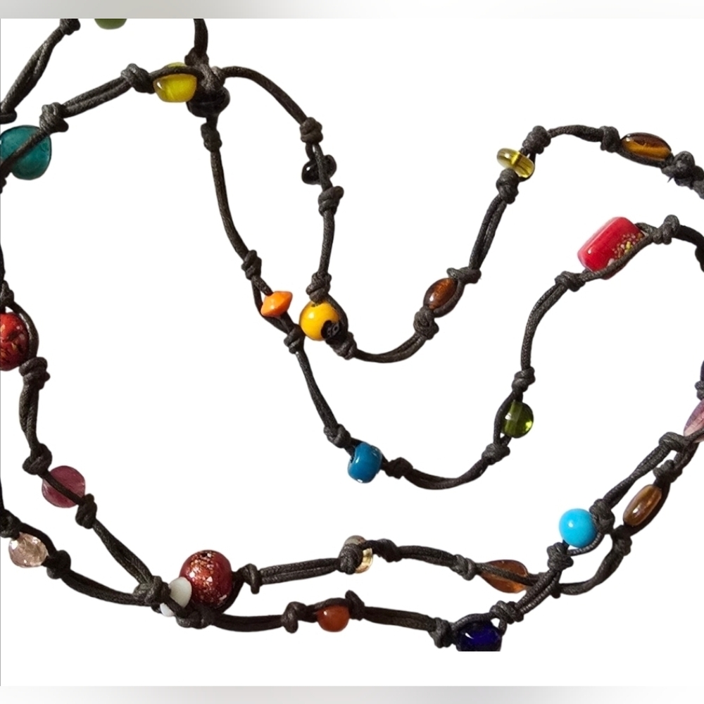 Bohemian Style Multicolored Beads On Brown Cord Necklace  25"L